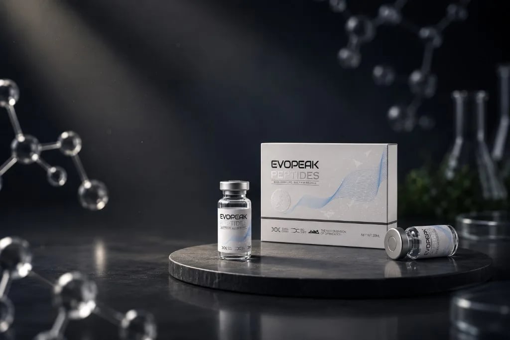 EvoPeak research peptides — vial and box on dark background